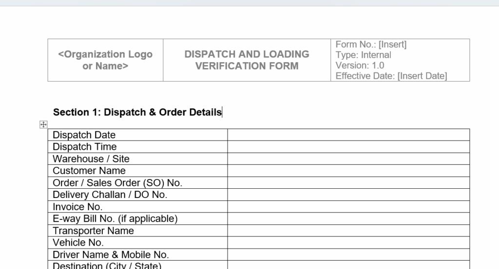 Dispatch and Loading Verification Form | Vehicle Release Control ...
