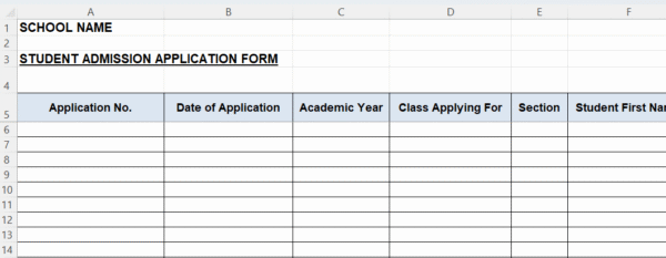 Student Admission Application Form Excel Template for Schools