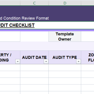Preview of Apartment and Building Audit Checklist Excel template for property inspection, facility review, maintenance observations, and apartment management audits