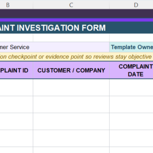 Customer Complaint Investigation Form Excel template with complaint details, investigation fields, findings, action review, verification, and closure status
