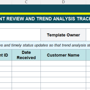 Customer Complaint Review and Trend Analysis Tracker Excel template with monthly complaint log, category trends, severity analysis, status counts, and review summary