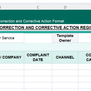 Customer Complaint Correction and Corrective Action Register Excel template with complaint tracking, action status, owner, target date, and closure fields