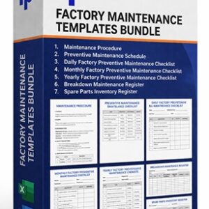 Preview of Maintenance Management Procedure and preventive maintenance formats bundle with schedule, checklists, breakdown register, and spare parts inventory template