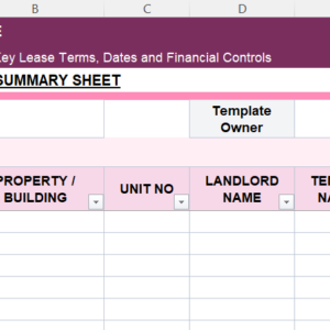 Preview of Lease Agreement Summary Sheet Excel template for lease tracking, tenant details, rent terms, deposit details, and property management reference