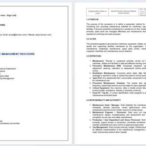 Preview of editable Maintenance Management Procedure template for maintenance planning, breakdown control, and equipment upkeep documentation