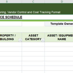 Preview of Property Maintenance Schedule Excel template for preventive maintenance planning, recurring service tracking, due dates, and property upkeep control