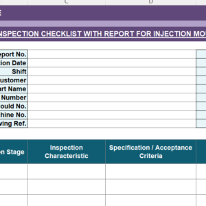 Preview of Injection Moulding Quality Control Inspection Checklist with Report Excel Template with checklist, sample data, dropdowns, and formula support