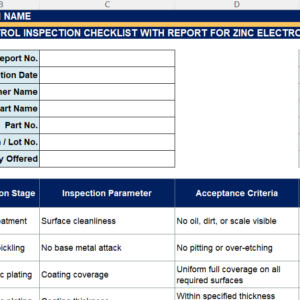 Preview of Zinc Electroplating Quality Control Inspection Checklist with Report Excel Template with checklist, sample data, dropdowns, and formula support