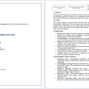 Warehousing Cleaning Procedure Template for warehouse housekeeping, cleaning control, spill response, hygiene checks, and audit-ready storage areas