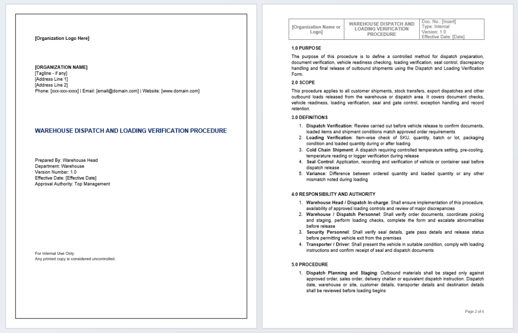 Dispatch Procedures Examples Warehouse Dispatch and Loading Verification Procedure Template ...
