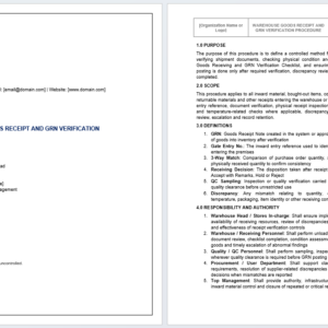 Warehouse Goods Receipt and GRN Verification Procedure Template for inward material receipt, goods checking, GRN control, and warehouse documentation