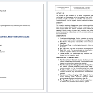 Warehouse Pest Control Monitoring Procedure Template for pest monitoring, storage hygiene control, warehouse inspection, and facility documentation