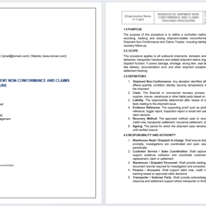 Warehouse Shipment Non-Conformance and Claims Tracking Procedure Template for dispatch issue handling, evidence control, liability review, and claims management