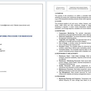 Temperature Monitoring Procedure for Warehouse Template for cold storage checks, temperature logs, deviation response, and warehouse product protection