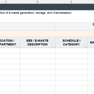 Preview of E-Waste Register Excel Template with usage info, editable register format, and sample filled entries for e-waste tracking