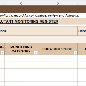 Preview of Environmental Pollutant Monitoring Register Excel Template for recording emissions, effluent, noise, air quality, compliance limits, results, and corrective actions