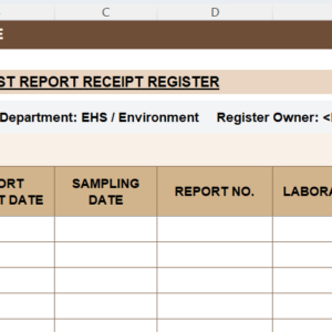Preview of Environmental Test Report Receipt Register Excel Template for tracking laboratory reports, receipt dates, review status, pending reports, findings, and follow-up actions