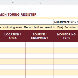 Preview of Noise Monitoring Register Excel Template for recording sound level readings, monitoring dates, locations, limits, status, and remarks