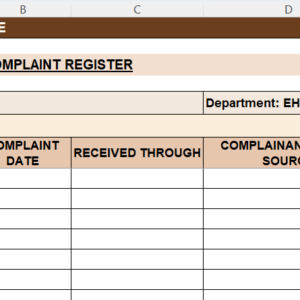 Preview of Environmental Complaint Register Excel Template for tracking pollution complaints, complaint dates, issues reported, action owners, status, closure details, and remarks