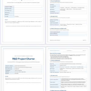 Preview of an R&D Project Charter Template in Word with sections for project purpose, scope, objectives, stakeholders, milestones, risks, approvals, and document control