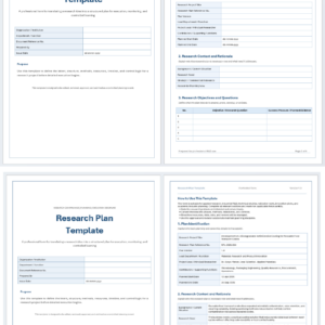 Preview of a professional Research Plan Template in Word with structured sections for background, objectives, methodology, timeline, resources, risks, and expected deliverables