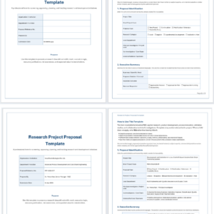 Preview of a professional Research Project Proposal Template in Word with structured sections for objectives, methodology, budget, risks, approvals, and document control