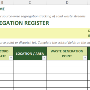 Preview of Waste Segregation Register Excel Template for source-wise waste category tracking