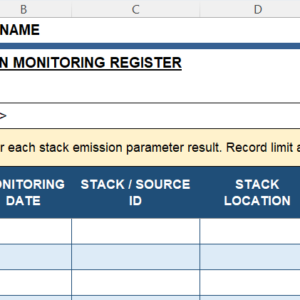 Preview of Stack Emission Monitoring Register Excel Template for recording stack details, emission parameters, limits, results, status, and corrective actions