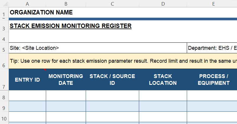 Preview of Stack Emission Monitoring Register Excel Template for recording stack details, emission parameters, limits, results, status, and corrective actions