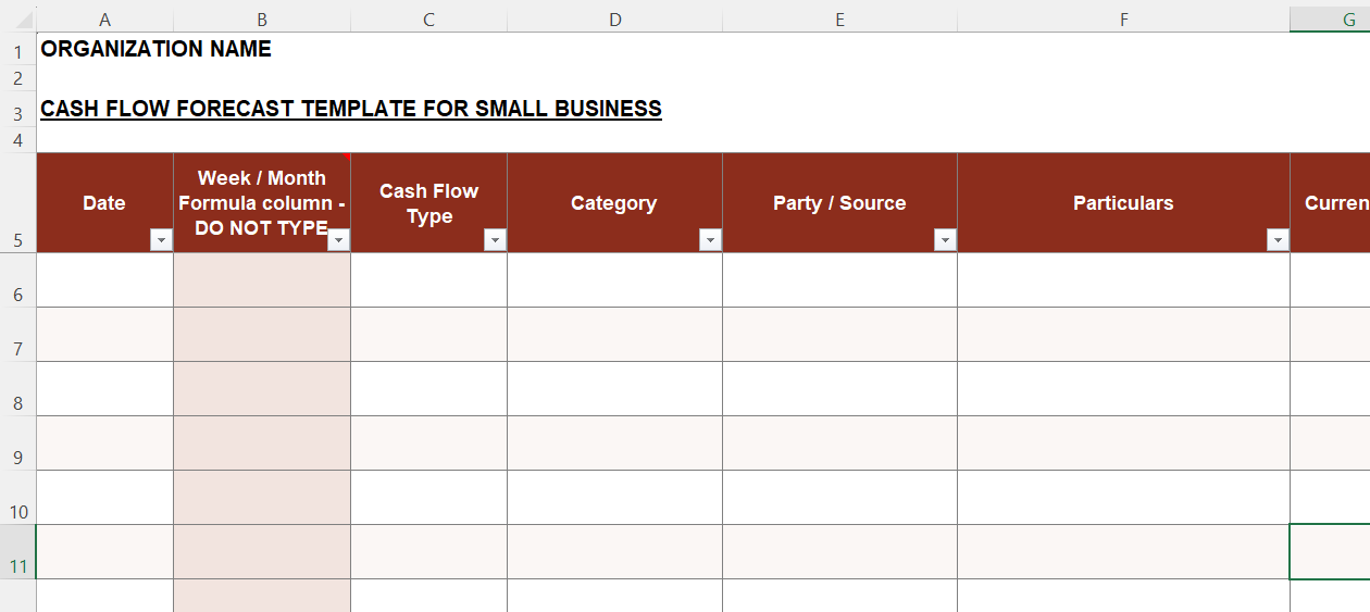 Cash Flow Forecast Template for Small Business in Excel with usage info, blank template, sample values, dropdown lists, and formula-based cash planning fields.