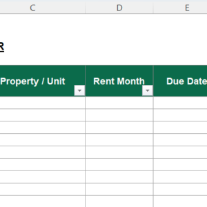 Tenant Rent Payment Tracker Excel Template showing tenant details, rent month, due date, monthly rent, amount received, balance, payment status, and delay days.